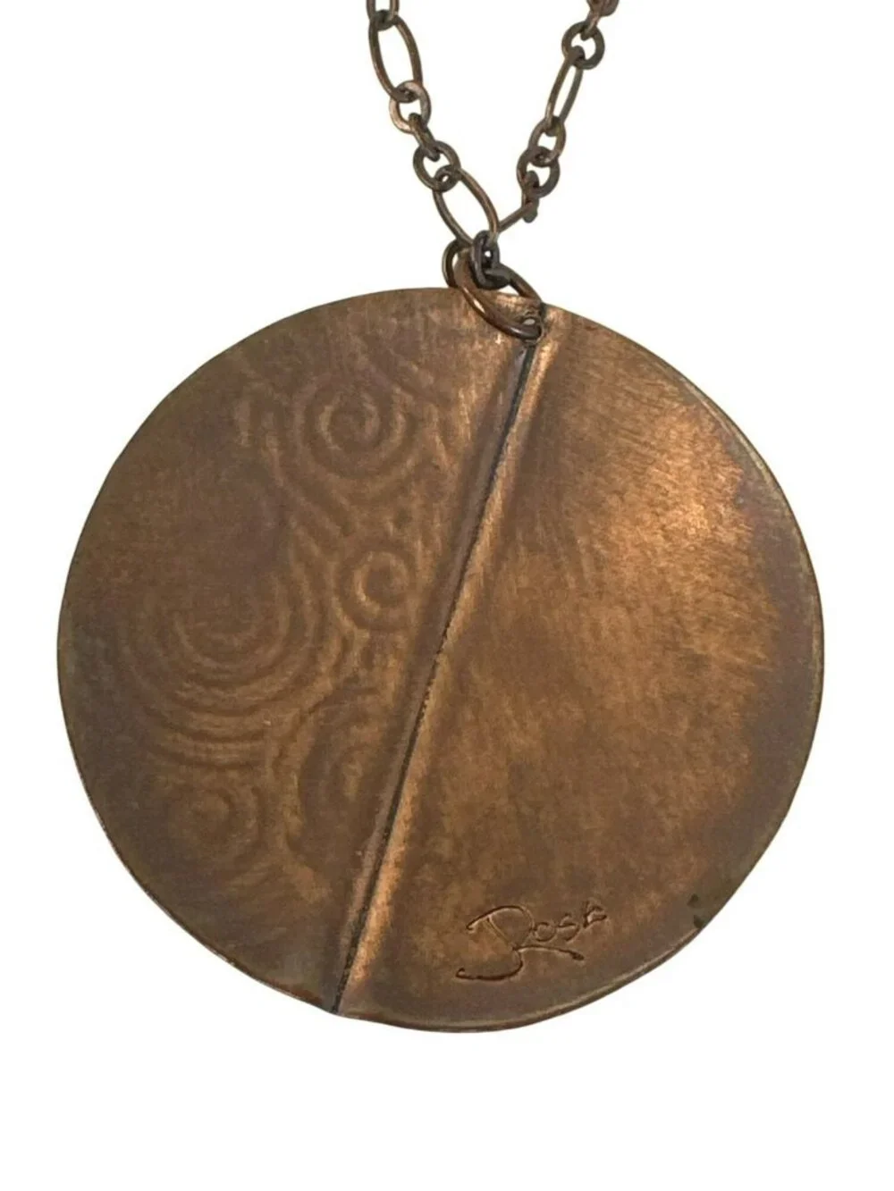 Round Copper Pendant Necklace Black & Green Swirl Design On Chain Boho Artsy